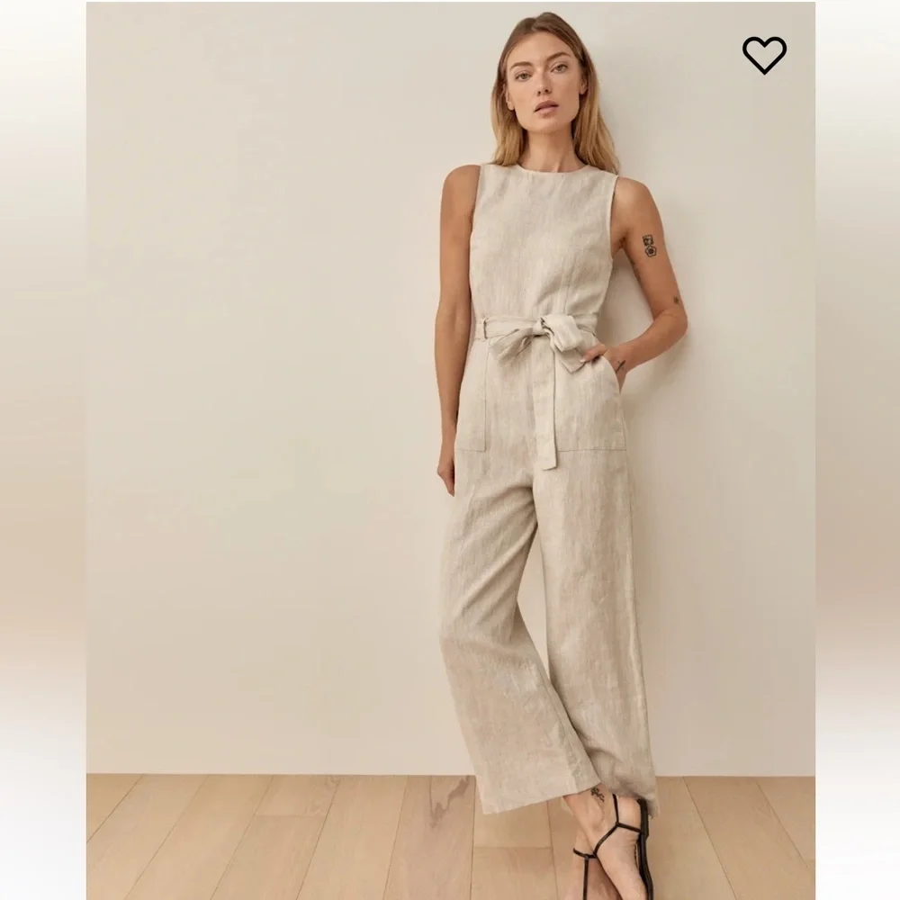 Reformation 100% linen Naomi jumpsuit in natural size 2